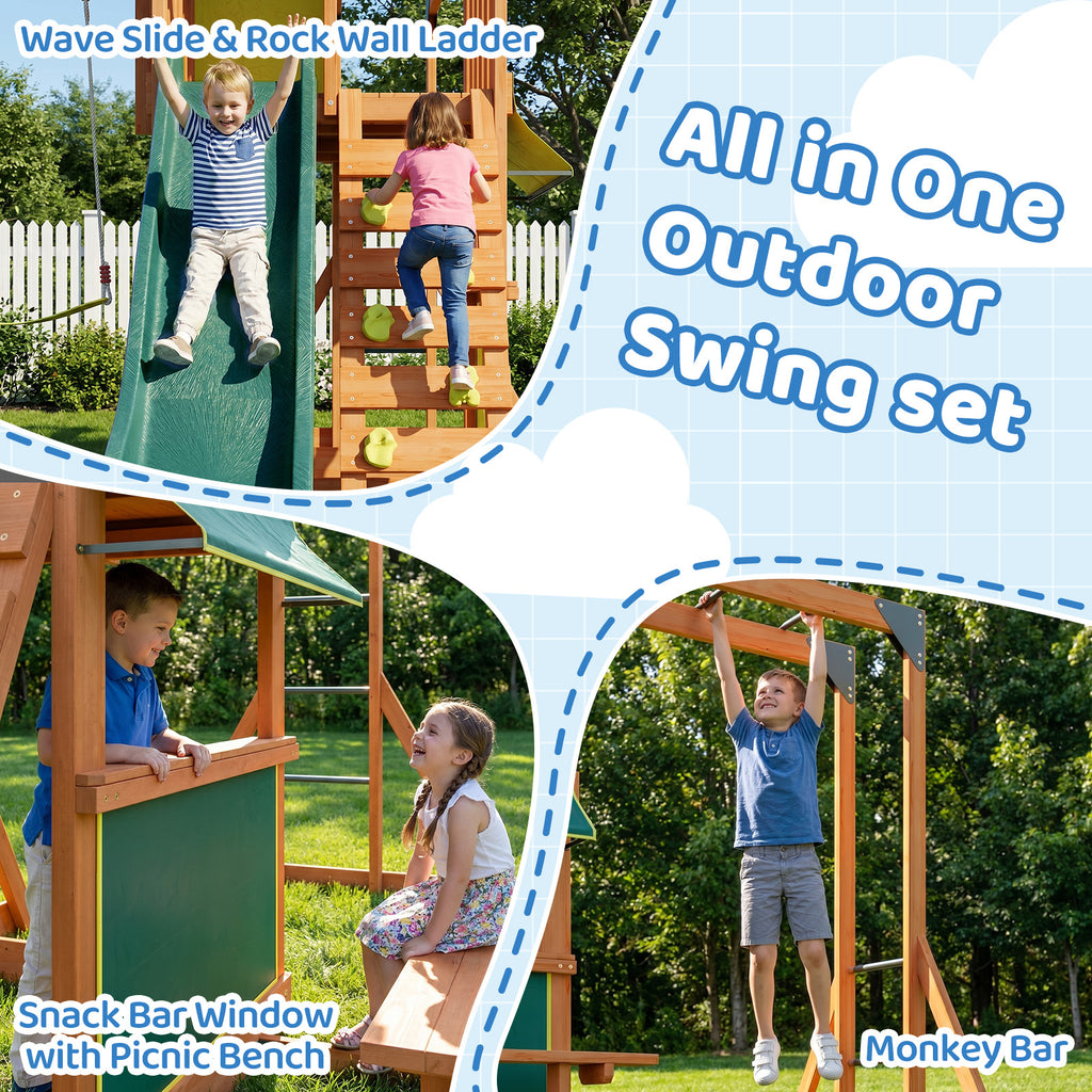 SunSwell Wooden Swing Sets for Backyard - Outdoor Playset with 8 FT Wave Slide, 2 Belt Swings, Play Deck, Monkey Bars, Rock Wall Ladder, Shaded Picnic Area, Snack Bar, Playground Sets,Green