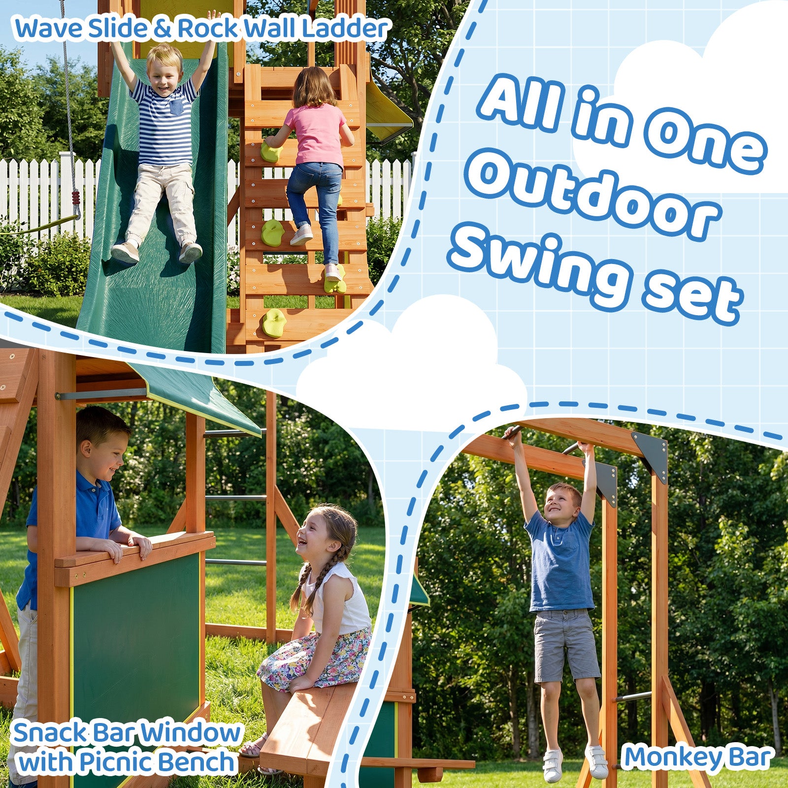 SunSwell Wooden Swing Sets for Backyard - Outdoor Playset with 8 FT Wave Slide, 2 Belt Swings, Play Deck, Monkey Bars, Rock Wall Ladder, Shaded Picnic Area, Snack Bar, Playground Sets,Green