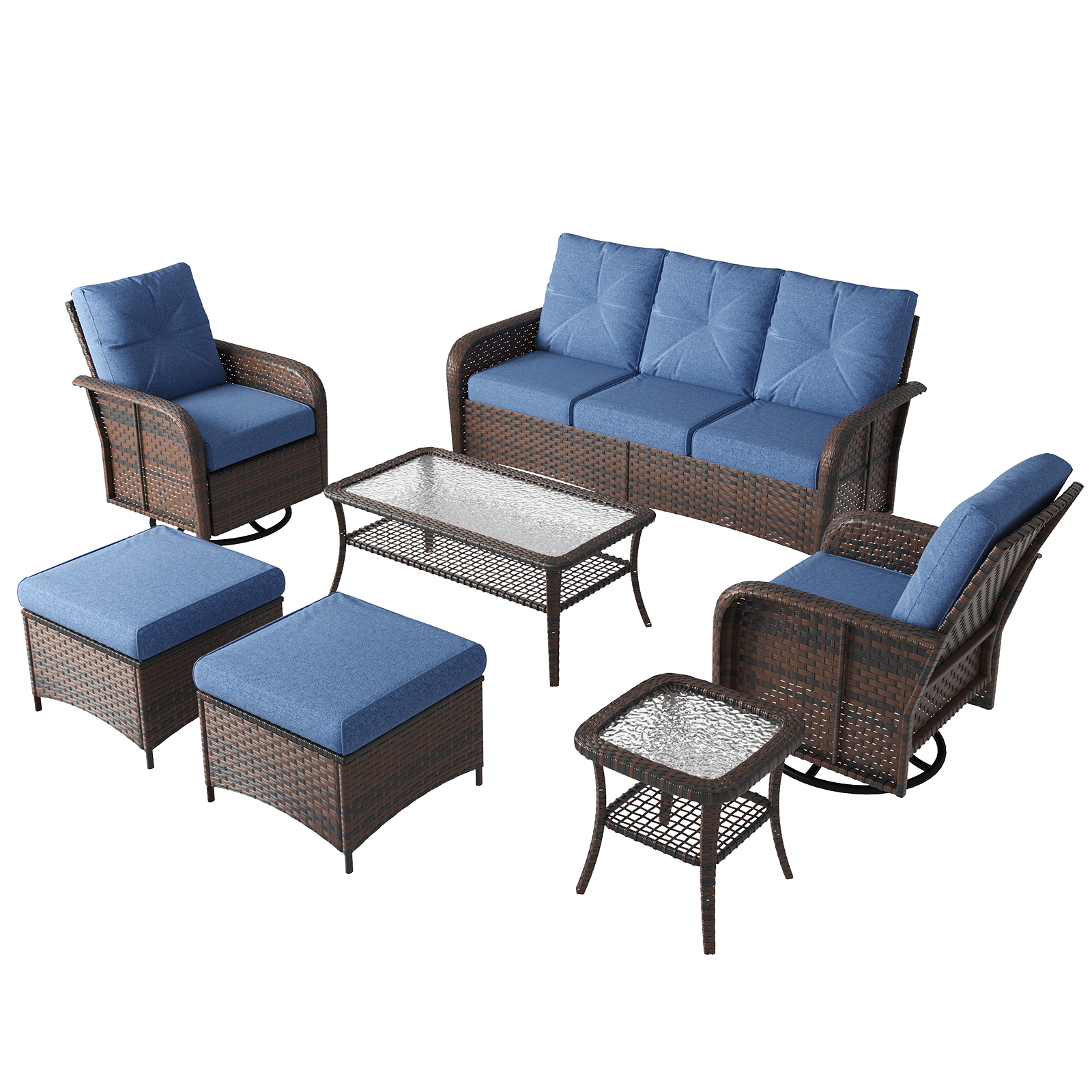 LazySunsets 7 Piece Outdoor Patio Furniture Set with Coffee Table, Wicker Rattan Outdoor Furniture with High Back Swivel Rocker Chairs, Outdoor Conversation Sets with Thick Cushions & Ottoman
