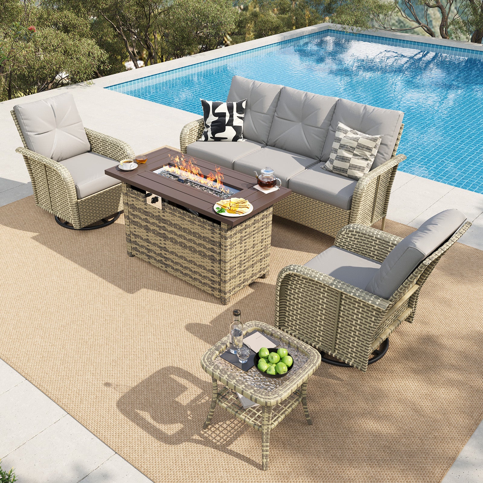 LazySunsets 7 Piece Outdoor Patio Furniture Set with Coffee Table, Wicker Rattan Outdoor Furniture with High Back Swivel Rocker Chairs, Outdoor Conversation Sets with Thick Cushions & Ottoman