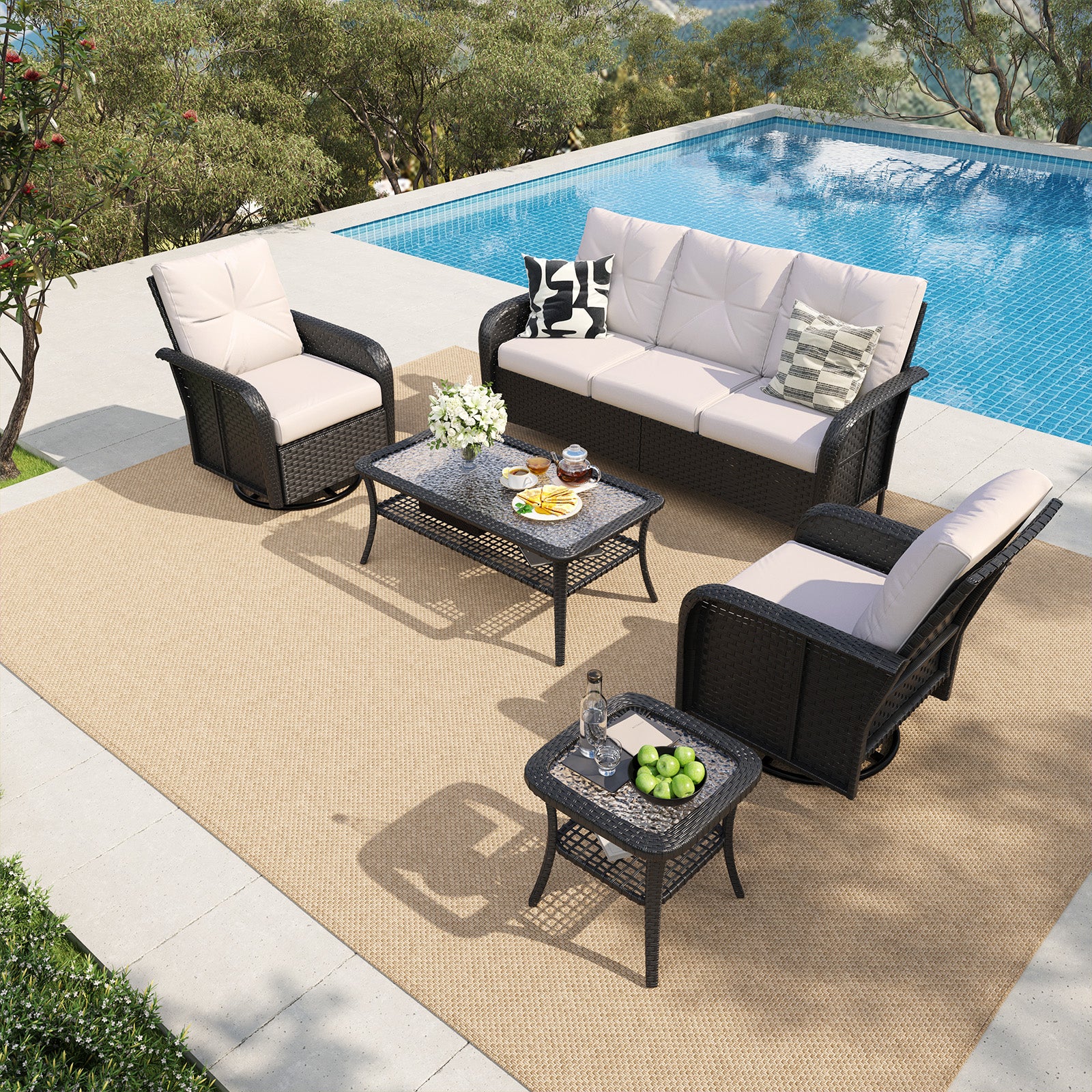 LazySunsets 7 Piece Outdoor Patio Furniture Set with Coffee Table, Wicker Rattan Outdoor Furniture with High Back Swivel Rocker Chairs, Outdoor Conversation Sets with Thick Cushions & Ottoman
