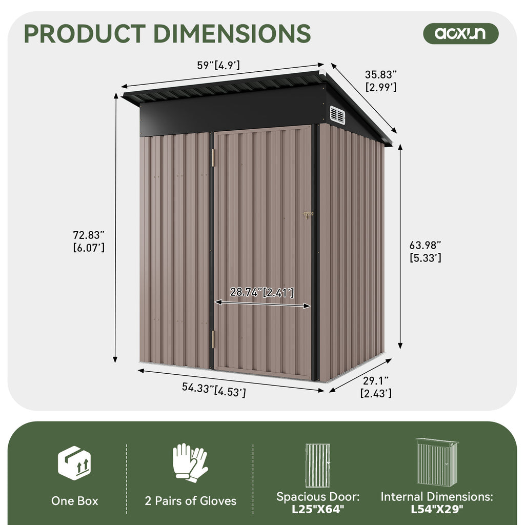 Aoxun 5x3 Ft Outdoor Storage Cabinet - Waterproof Storage Shed with Floor, Small Metal Garden Shed with Lockable Doors & Slooping Roof for Backyard, Patio, Poolside, Brown