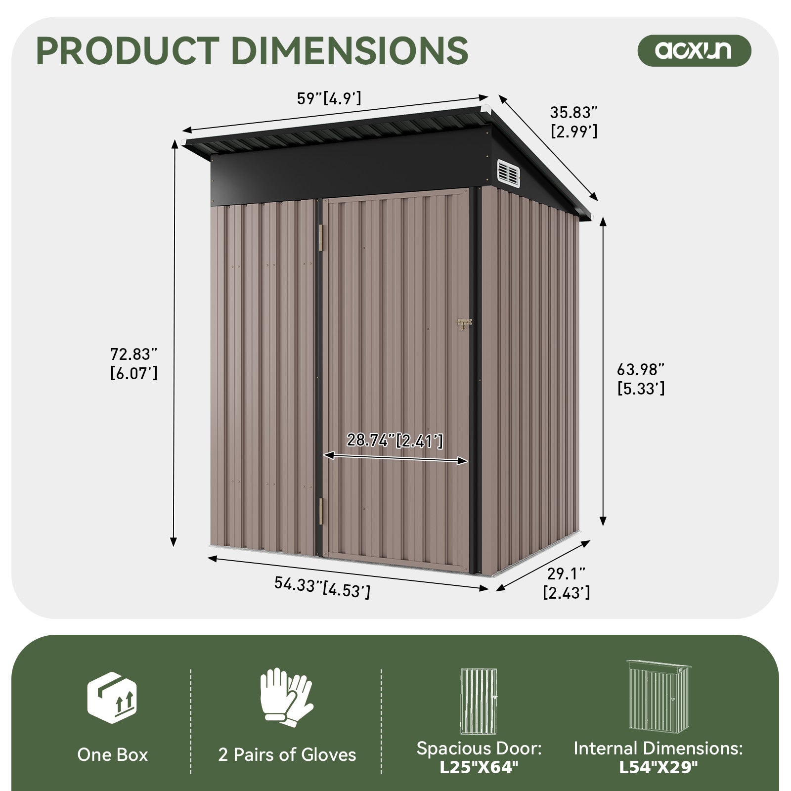 Aoxun 5x3 Ft Outdoor Storage Cabinet - Waterproof Storage Shed with Floor, Small Metal Garden Shed with Lockable Doors & Slooping Roof for Backyard, Patio, Poolside, Brown