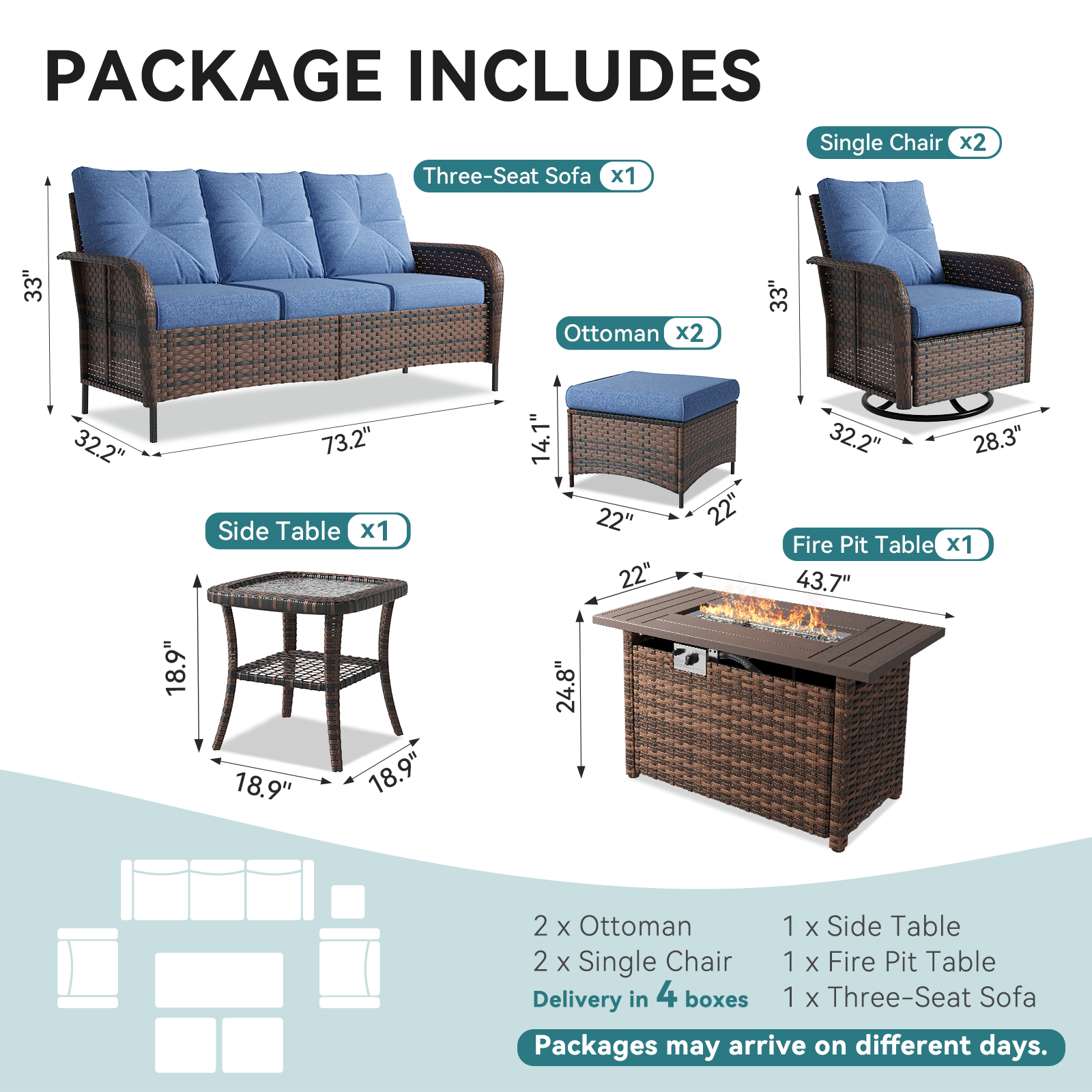 LazySunsets 7 Piece Outdoor Patio Furniture Set with Coffee Table, Wicker Rattan Outdoor Furniture with High Back Swivel Rocker Chairs, Outdoor Conversation Sets with Thick Cushions & Ottoman