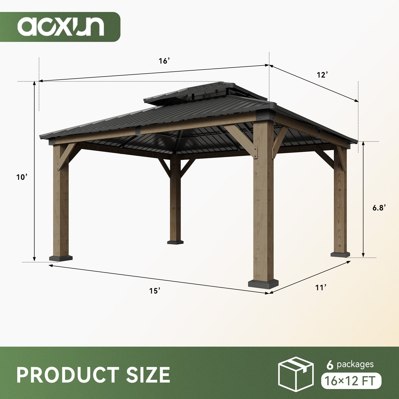 Aoxun 12' x 16' Outdoor Wood Gazebo, Hardtop Gazebo Permanent Wooden Pavilion with Galvanized Steel Double Roof, for Garden, Backyard, Patio, Cedar Wood, Grey