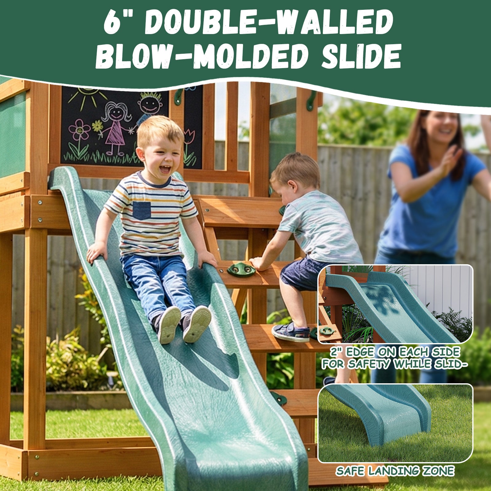 Binplax Wooden Swing Sets for Backyard,Outdoor Playset, Kids Playground Set with 6 FT Wave Slide, Rock Wall Ladder, 2 Belt Swings, Chalkboard, Canopy Roof, Green