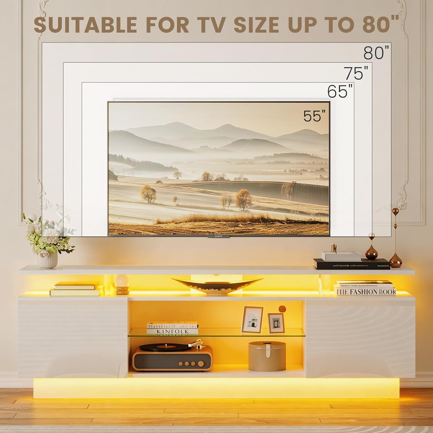 Breezestival 70 Inch High-Glossy TV Stand with 2 Side Cabinets, Modern Stylish TV Console with 3 Layer LED Lights,Modern Entertainment Center with Adjustable Glass Shelf, Remote&APP Control, White