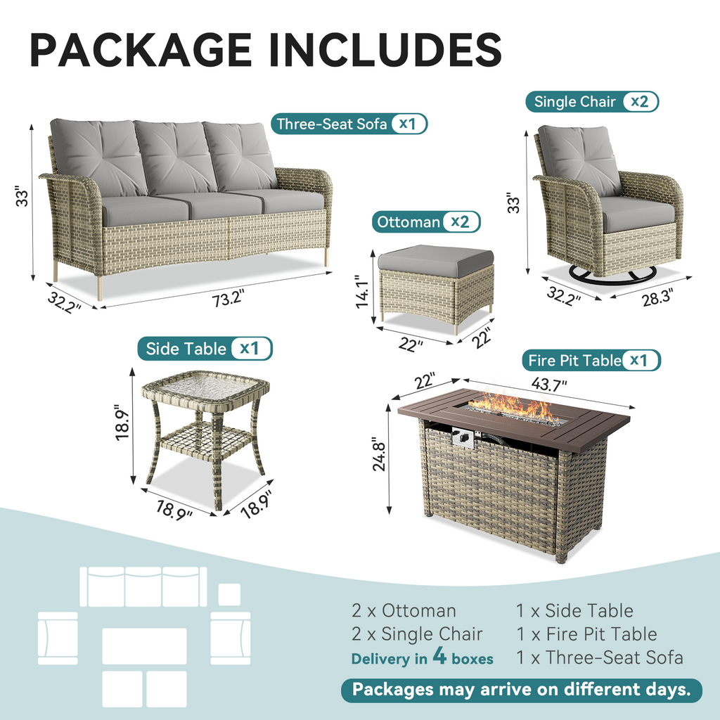 LazySunsets 7 Piece Outdoor Patio Furniture Set with Coffee Table, Wicker Rattan Outdoor Furniture with High Back Swivel Rocker Chairs, Outdoor Conversation Sets with Thick Cushions & Ottoman