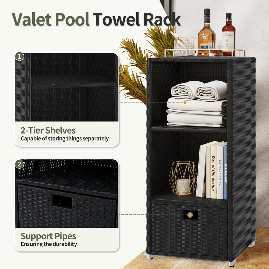 SunSwell Rattan Outdoor Pool Towel Rack Cabinet, Wicker Pool Storage Bins Storage Organizer, 2 Layer Shelf Hot Tub Spa Accessories