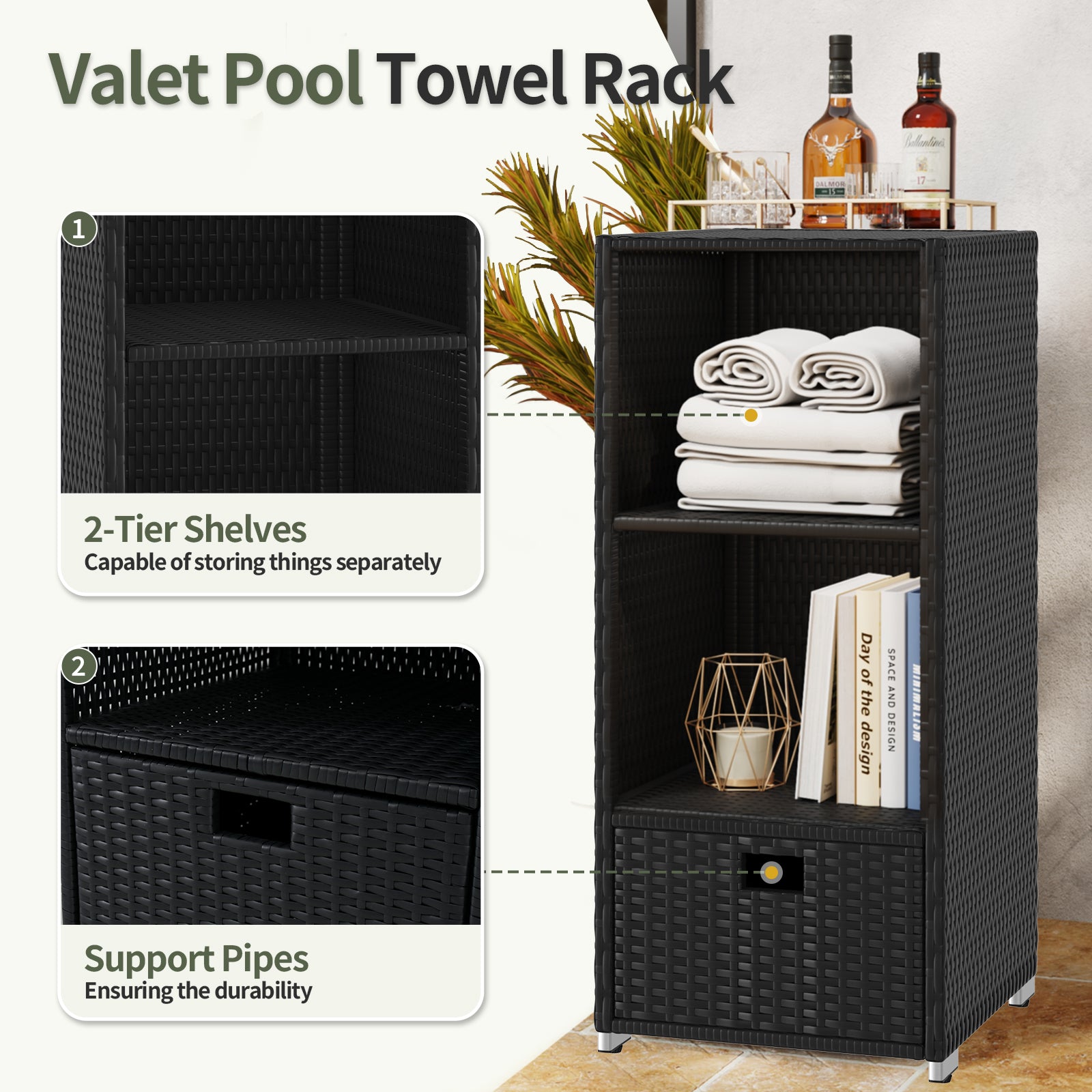 SunSwell Rattan Outdoor Pool Towel Rack Cabinet, Wicker Pool Storage Bins Storage Organizer, 2 Layer Shelf Hot Tub Spa Accessories