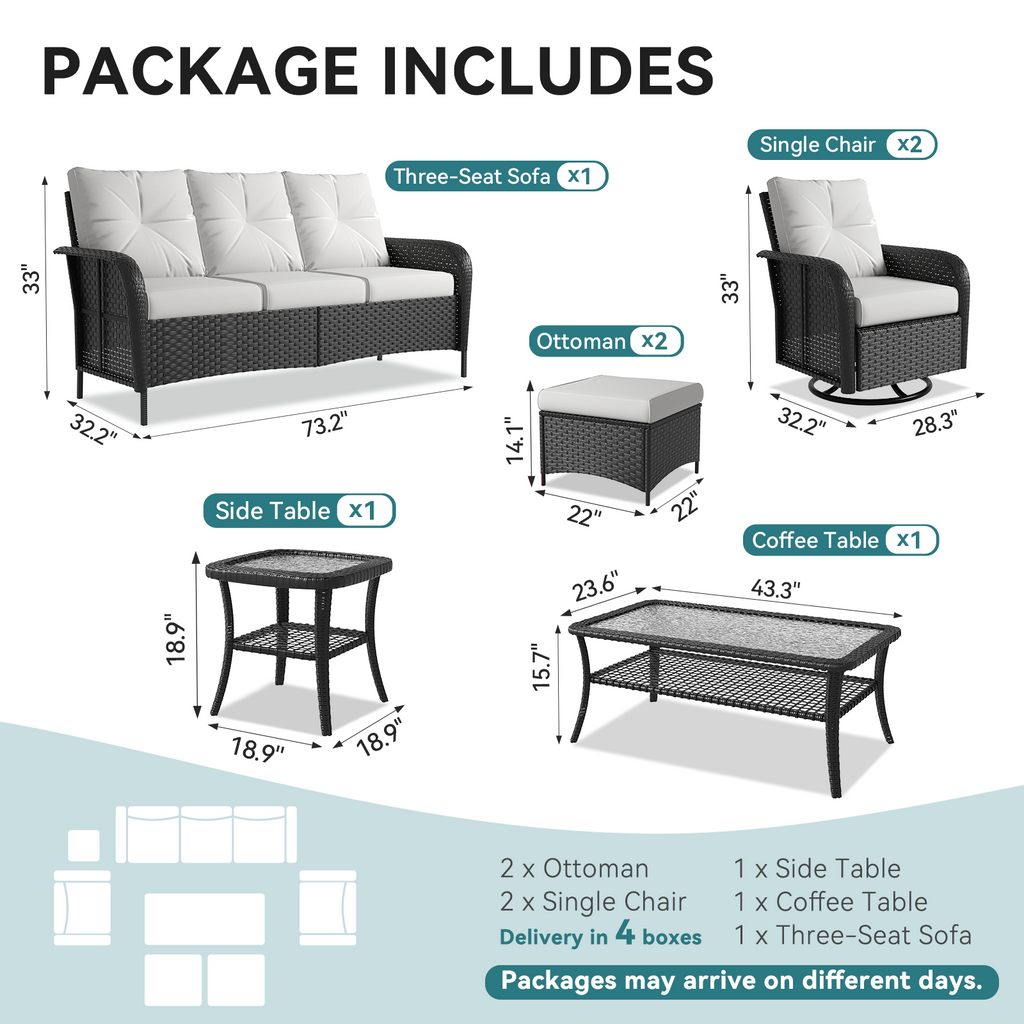 LazySunsets 7 Piece Outdoor Patio Furniture Set with Coffee Table, Wicker Rattan Outdoor Furniture with High Back Swivel Rocker Chairs, Outdoor Conversation Sets with Thick Cushions & Ottoman