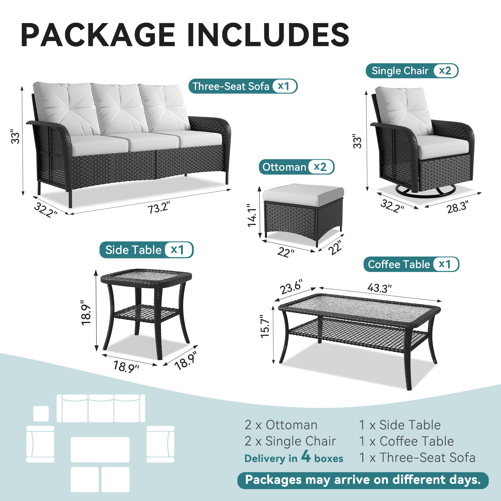 LazySunsets 7 Piece Outdoor Patio Furniture Set with Coffee Table, Wicker Rattan Outdoor Furniture with High Back Swivel Rocker Chairs, Outdoor Conversation Sets with Thick Cushions & Ottoman