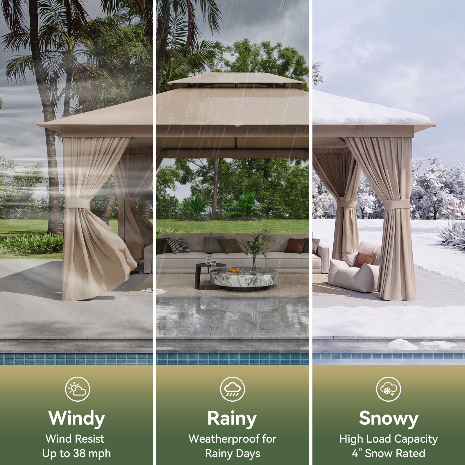 Breezestival 12'x10' Gazebo, Outdoor Gazebo Metal Frame Canopy with Double Roofs, Heavy Duty Patio Tent Shelter with Mosquito Netting and Privacy Screen for Backyard, Beige