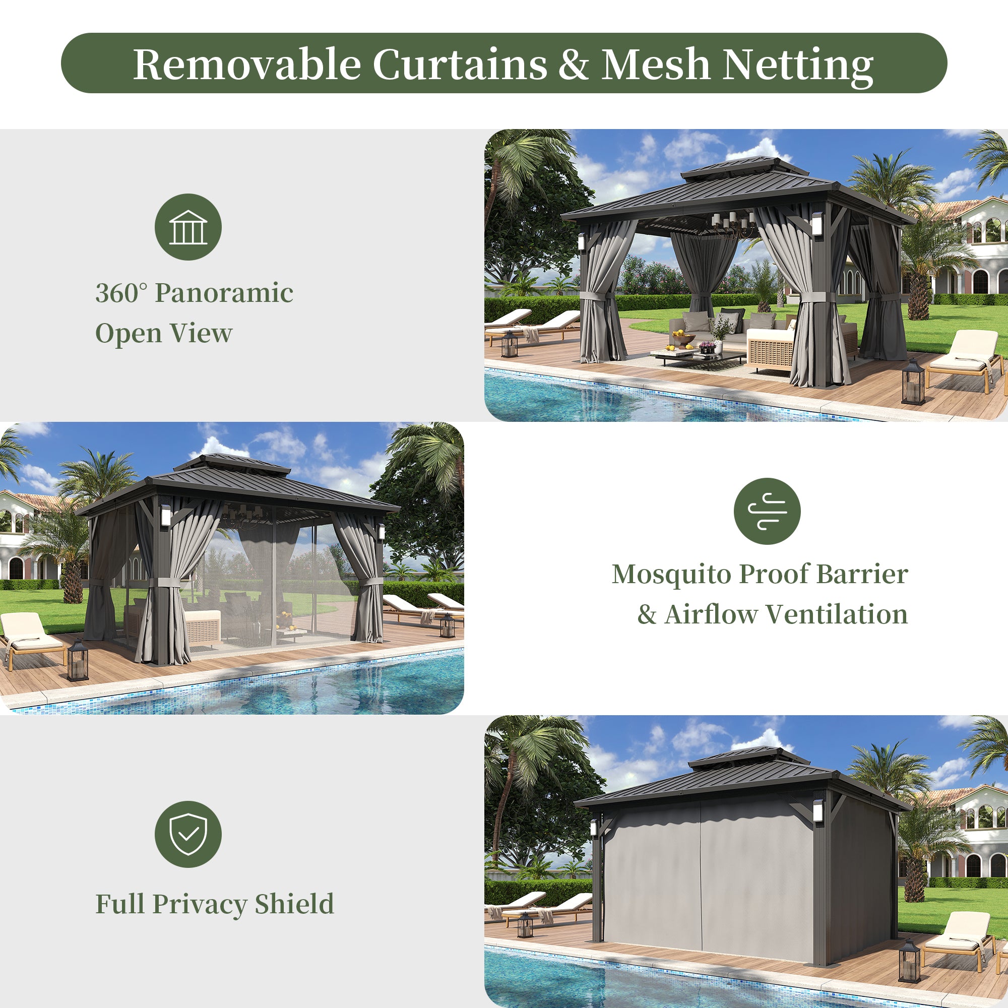 Aoxun 10'x12' Hardtop Gazebo with 4 LED Lights, Outdoor Gazebo with Galvanized Steel Double Roof, Patio Gazebo with Breathable Netting & Privacy Curtain, Decor Hooks for Backyard, Gray