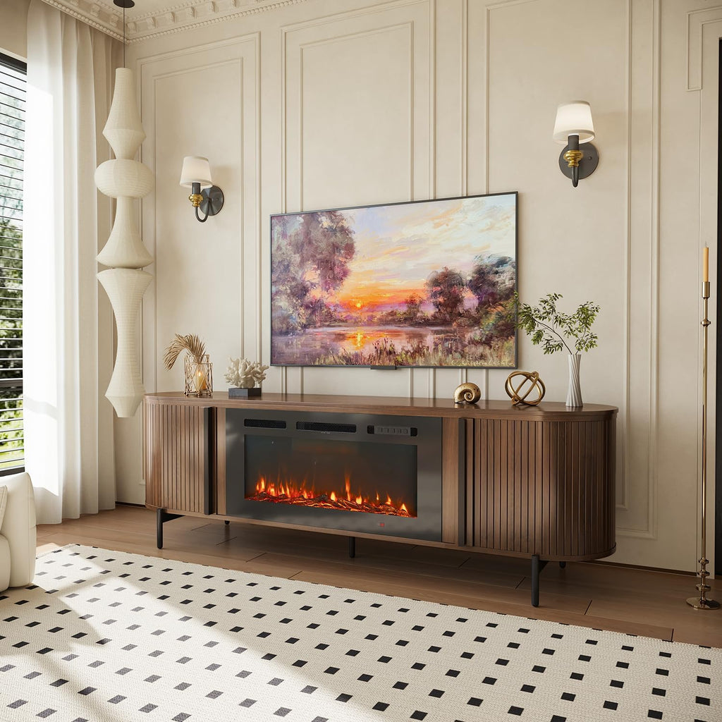 Luxury 70" Fluted TV Stand with Fireplace, Mid Century Modern TV Stand, Entertainment Center for TVs Up to 80", Electric Fireplace TV Console for Living Room with Storage,70 Inch, Brown