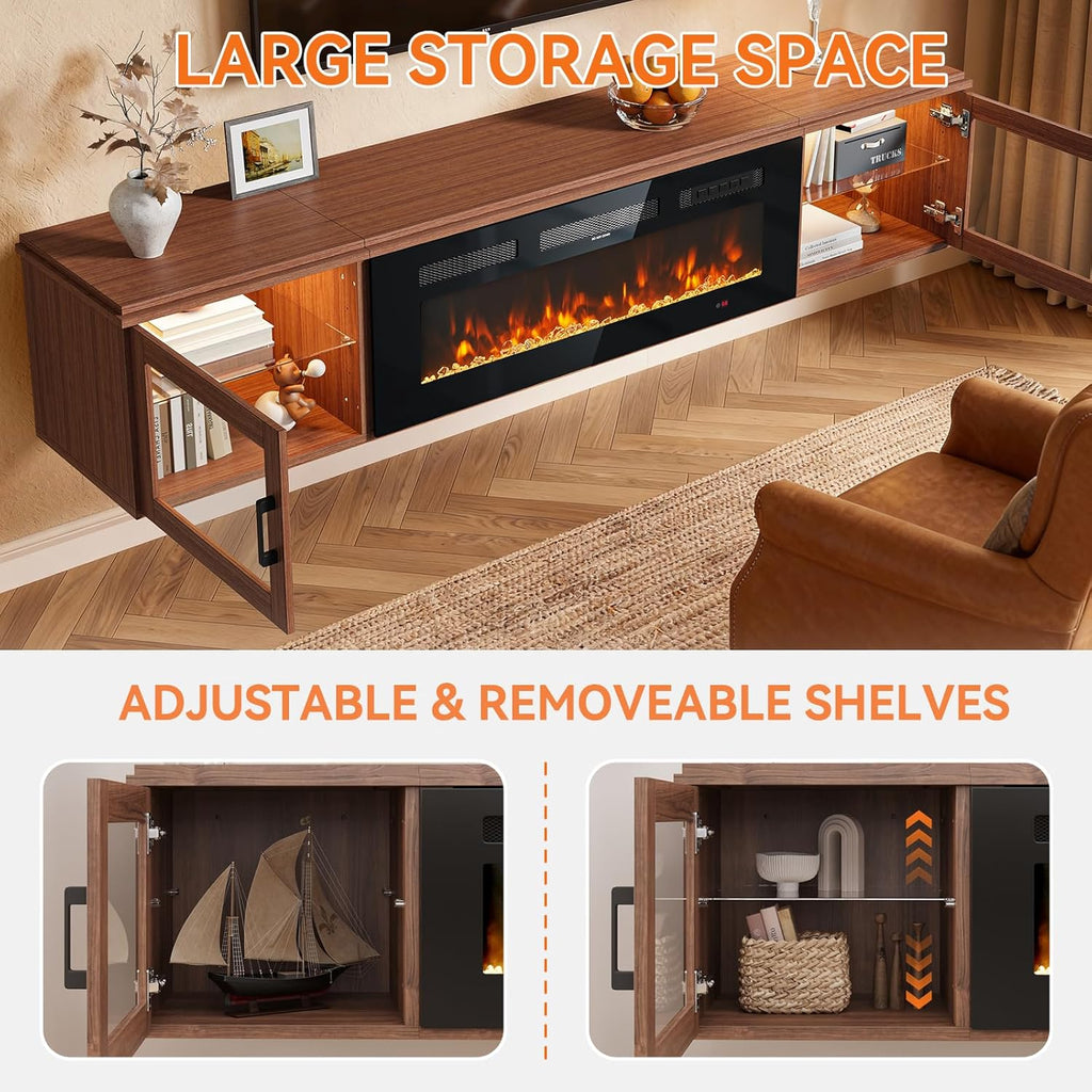 Nordivale 70" Floating TV Stand with 36" Electric Fireplace, Wall Mounted Fireplace Entertainment Center with Storage for TVs Up to 80",Fireplace TV Stand for Living Room，Brown&Black