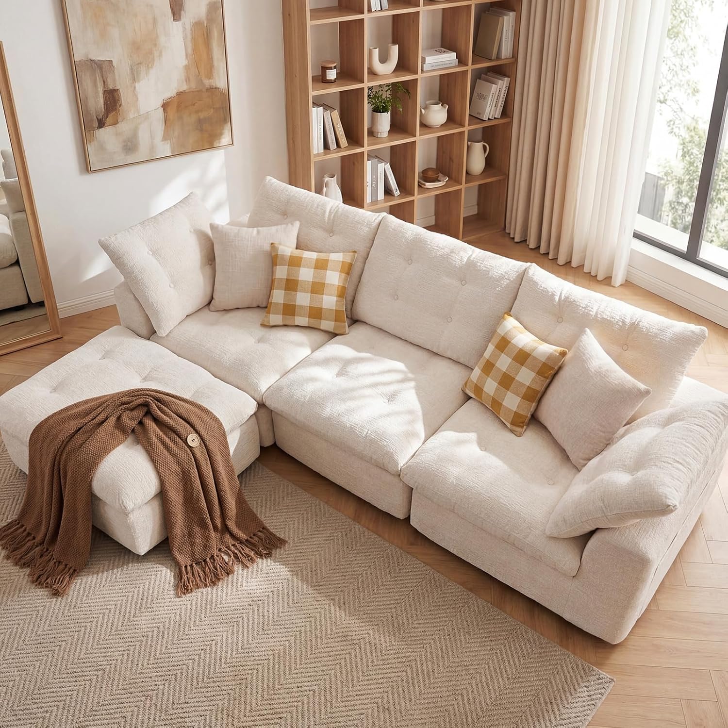 112" Boneless Couch Chenille Cloud Couch Oversized Modular Sectional Sofa with Storage Pockets for Living Room, Bedroom, No Assembly Required, L-Shape with Ottoman+3 Seater (Beige)