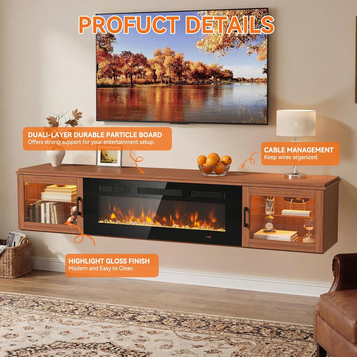 Nordivale 70" Floating TV Stand with 36" Electric Fireplace, Wall Mounted Fireplace Entertainment Center with Storage for TVs Up to 80",Fireplace TV Stand for Living Room，Brown&Black