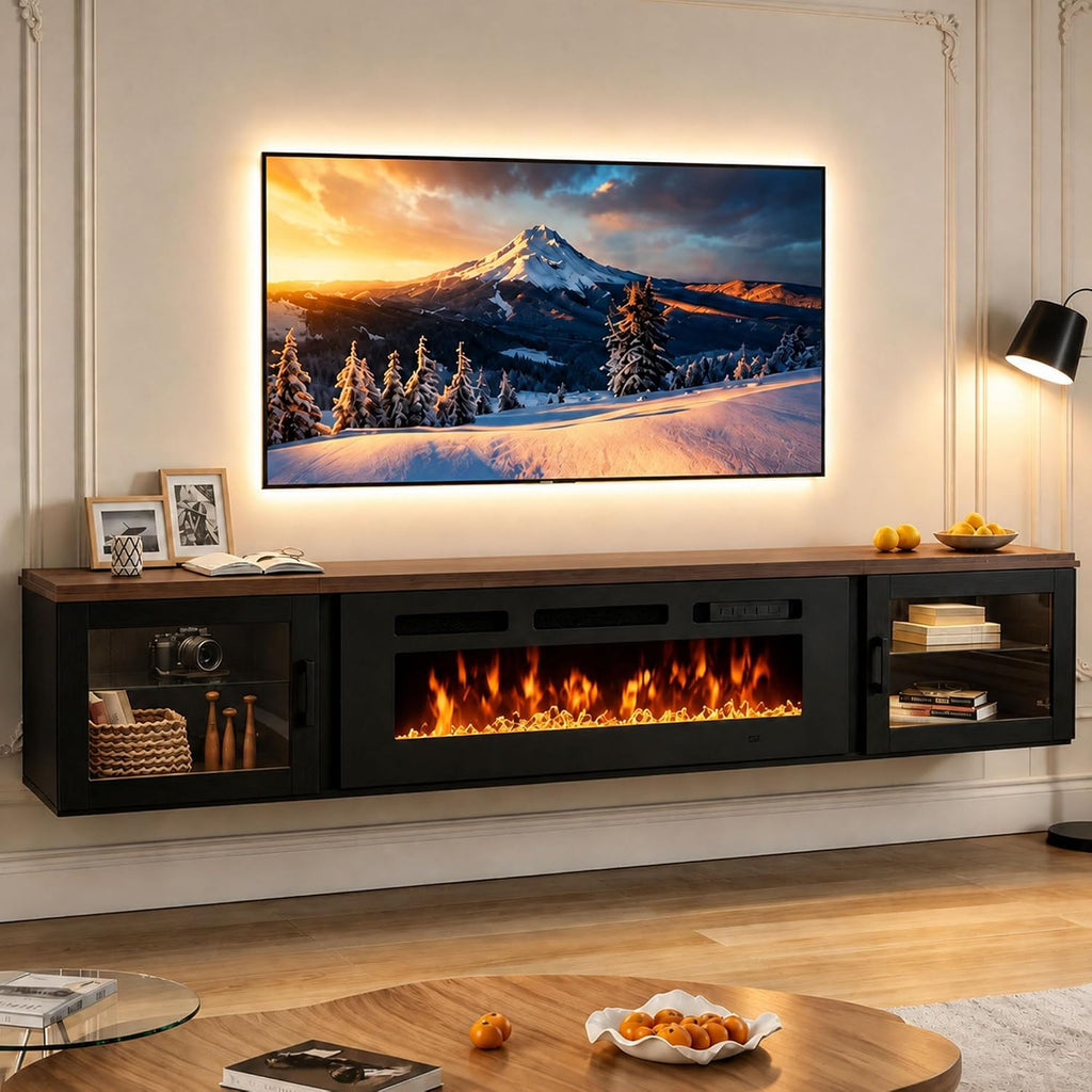 80" Floating TV Stand with 36" Electric Fireplace, Floating Wall Mounted Fireplace Entertainment Center with Storage for TVs Up to 90",Fireplace TV Console for Living Room, WIFI-Enable,Walnut &Black