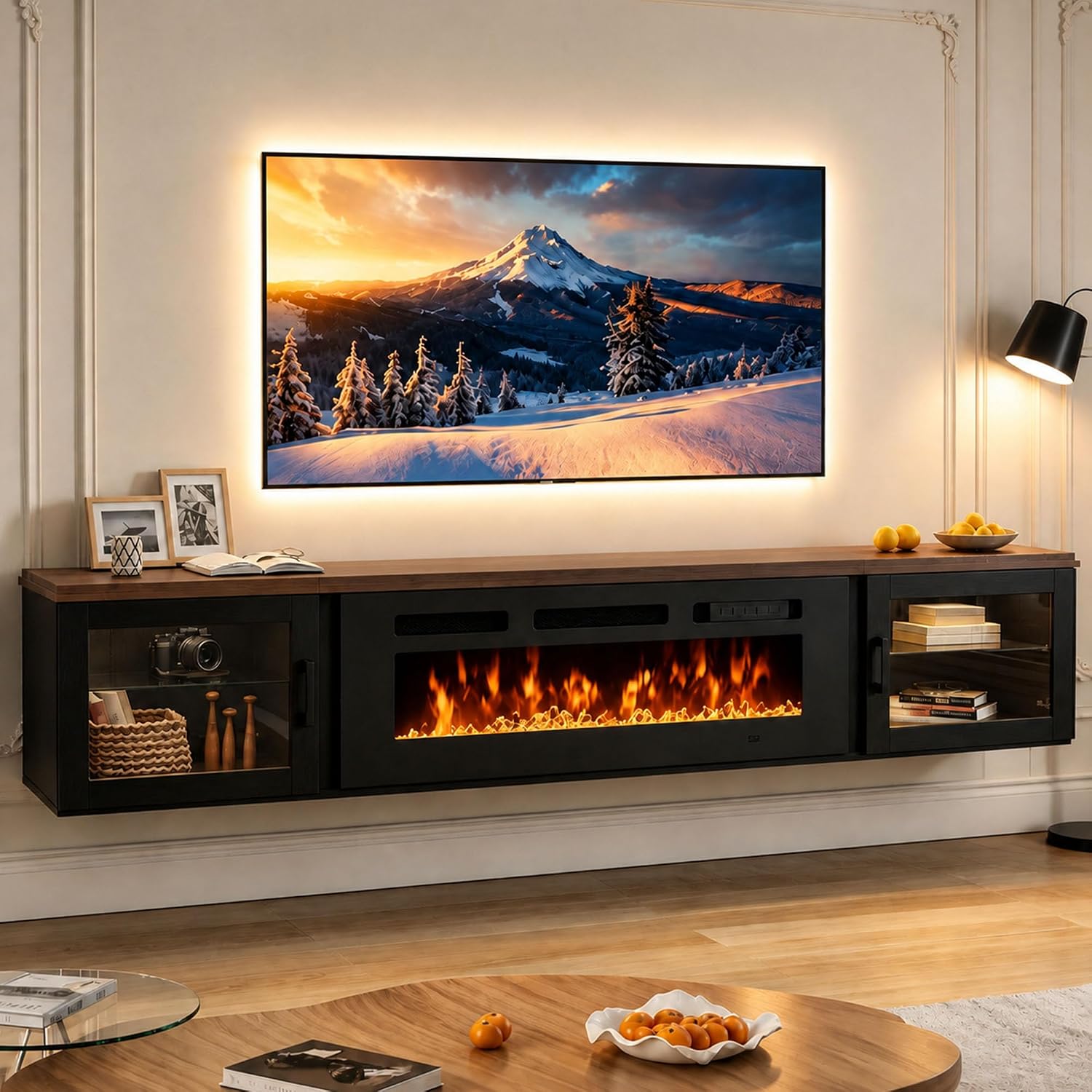 80" Floating TV Stand with 36" Electric Fireplace, Floating Wall Mounted Fireplace Entertainment Center with Storage for TVs Up to 90",Fireplace TV Console for Living Room, WIFI-Enable,Walnut &Black