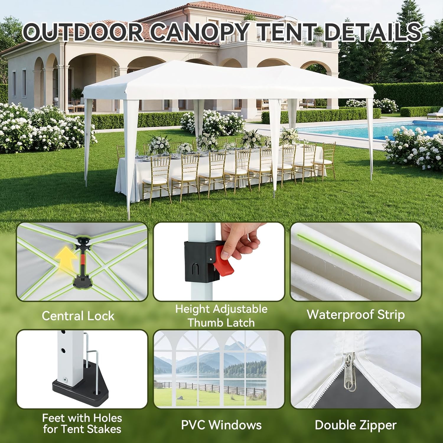 Aoxun 10x20 Pop Up Canopy Tent with 6 Removable Sidewalls, One Push Party Tent Waterproof Outdoor Canopy with 3 Adjustable Height, Portable Tents for Parties, Wedding, Commercial, Market