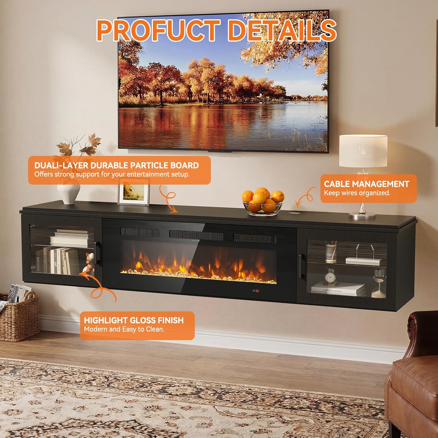 Nordivale 70" Floating TV Stand with 36" Electric Fireplace, Wall Mounted Fireplace Entertainment Center with Storage for TVs Up to 80",WI-FI Enable Fireplace TV Stand for Living Room,Black&Black
