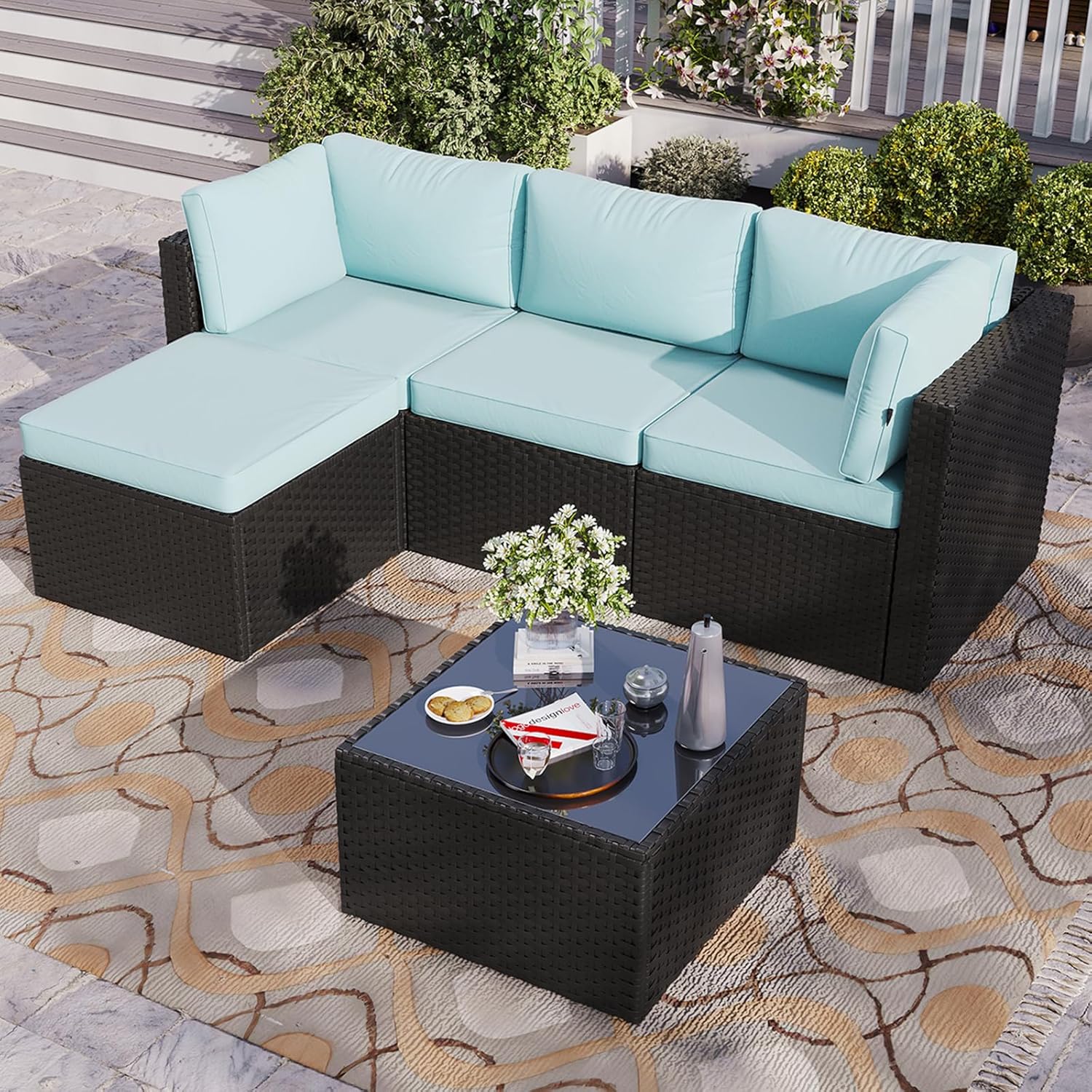 Aoxun Outdoor Patio Furniture Set, 5-Pieces All-Weather Rattan Sectional Sofa Conversation Set with Glass Coffee Table for Backyard Porch Poolside