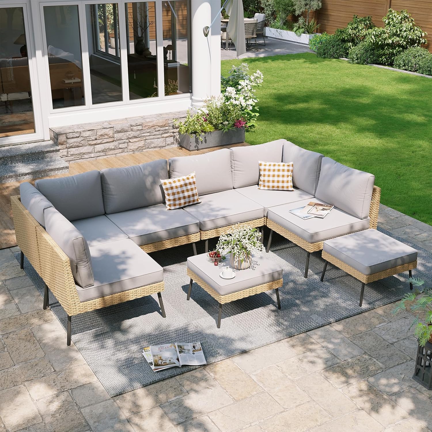 Aoxun 7-Piece Patio Furniture Set, Wicker Outdoor Furniture with Water Resistant Thick Cushions, Patio Conversation Set Outdoor Sectional Sofa with Coffee Table for Backyard Poolside