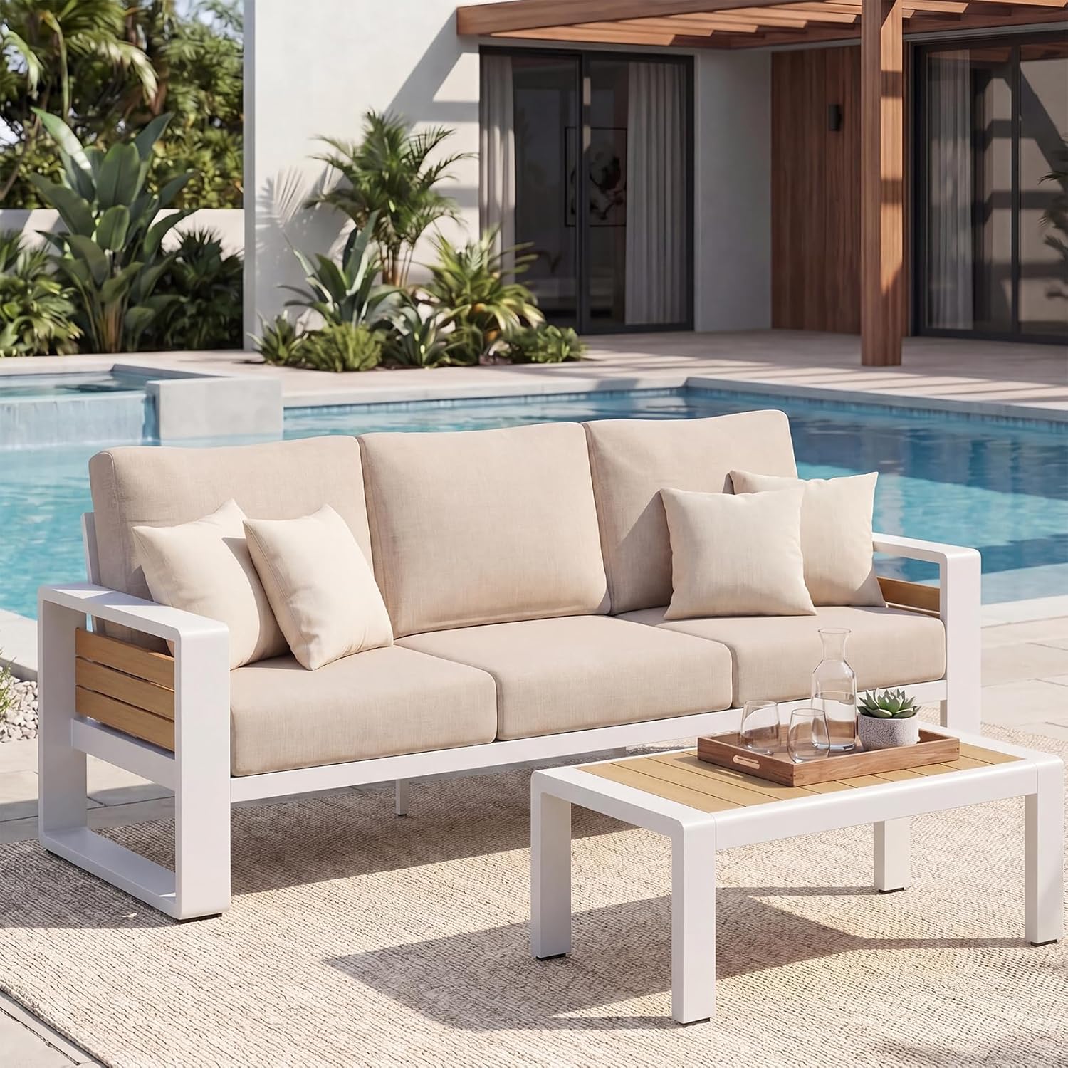 LET'S PATIO Aluminum Patio Furniture Set 7 Seats, Oversized Outdoor Sectional with 5.5" Washable Thick Cushions, Patio Conversation Sets with Coffee Table for Backyard