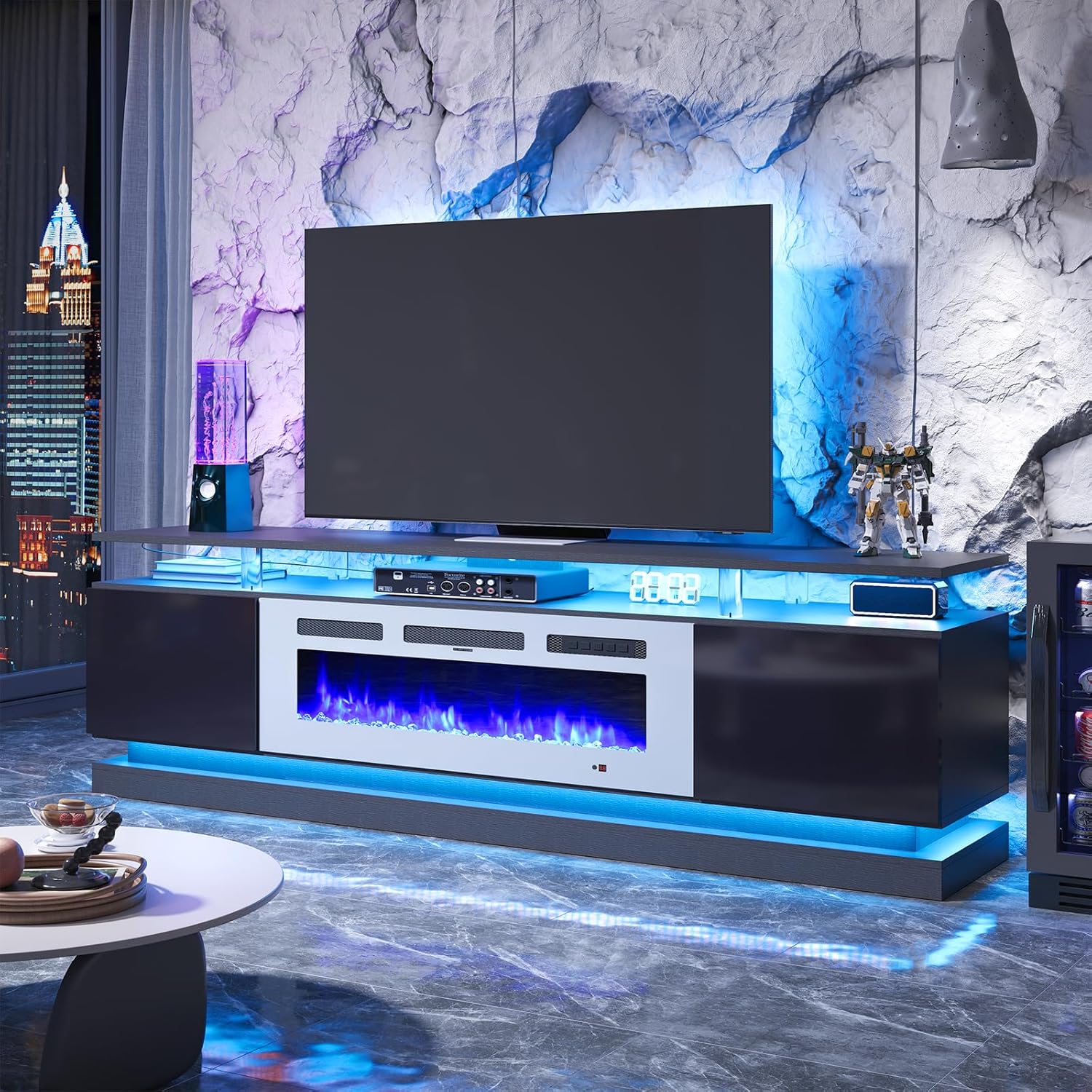 Breezestival 70" Fireplace TV Stand for TVs up to 80", Modern Entertainment Center with Black Fireplace and Storage, White