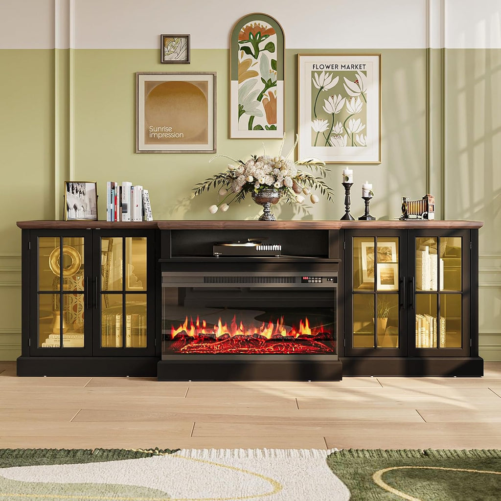 Nordivale 98" Farmhouse Fireplace TV Stand,TV Console with 36" Fireplace for TVs up to 100", Entertainment Center with Adjustable Shelves and Large Storage Cabinets for Living Room, Black & Black