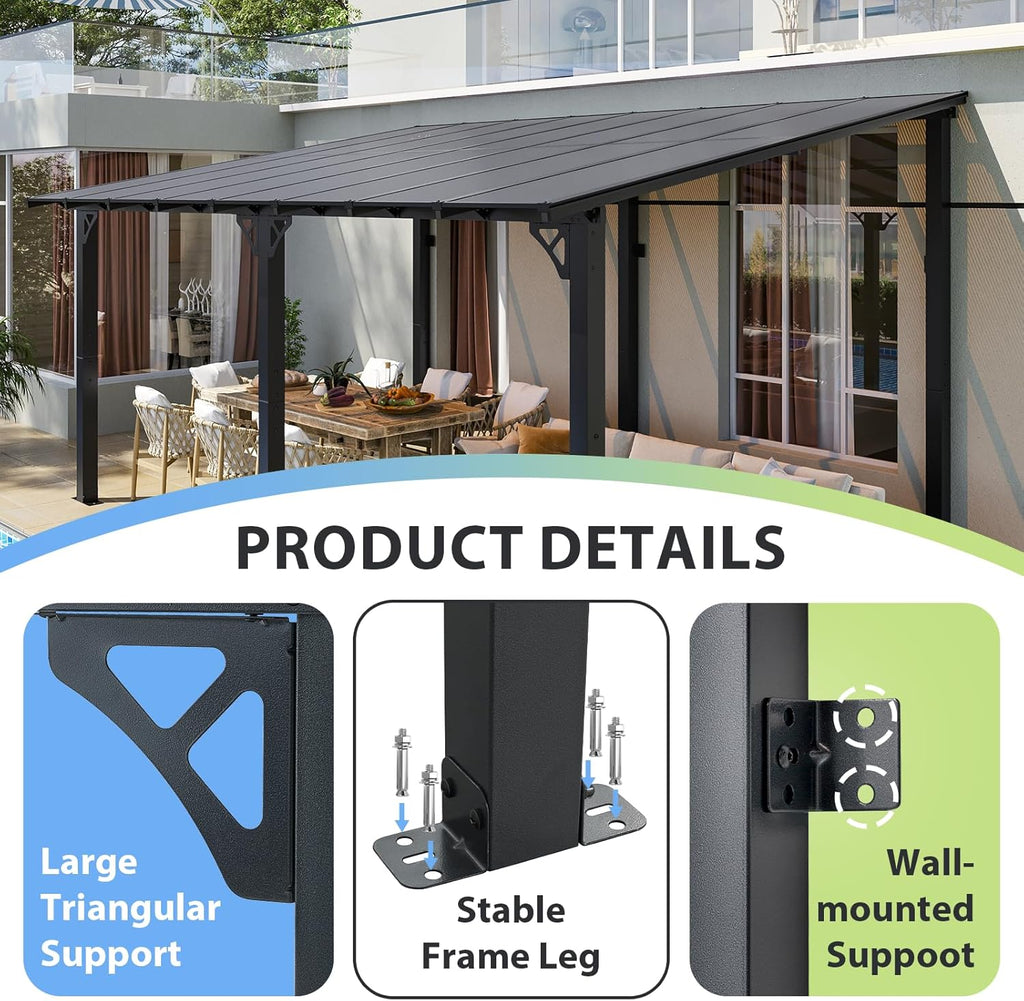 Aoxun 16’x 10’ Premium Gazebo with Aluminum Top Frame & Polycarbonate Panel, Wall Mounted Gazebos Pergola, Outdoor Patio Lean to Gazebo, Awnings with Sloped Roof, for Backyard, Porch, Deck, Black