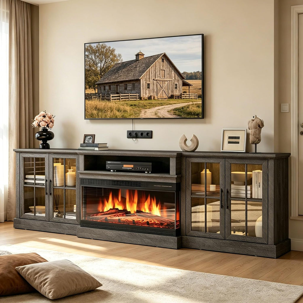 Nordivale 98" Farmhouse Fireplace TV Stand,TV Console with 36" Fireplace for TVs up to 100", Entertainment Center with Adjustable Shelves and Large Storage Cabinets, for Living Room, Gray & Black