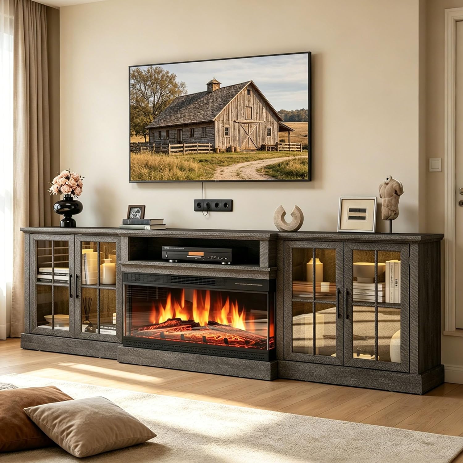 Nordivale 98" Farmhouse Fireplace TV Stand,TV Console with 36" Fireplace for TVs up to 100", Entertainment Center with Adjustable Shelves and Large Storage Cabinets, for Living Room, Gray & Black