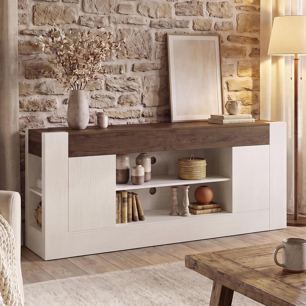 70 inch TV Stand for TVs Up to 80 Inches with Storage, White | Modern Entertainment Center and Media Console with Open Shelves, 2 Side Cabinets and Thick-Frame Design for Living Rooms