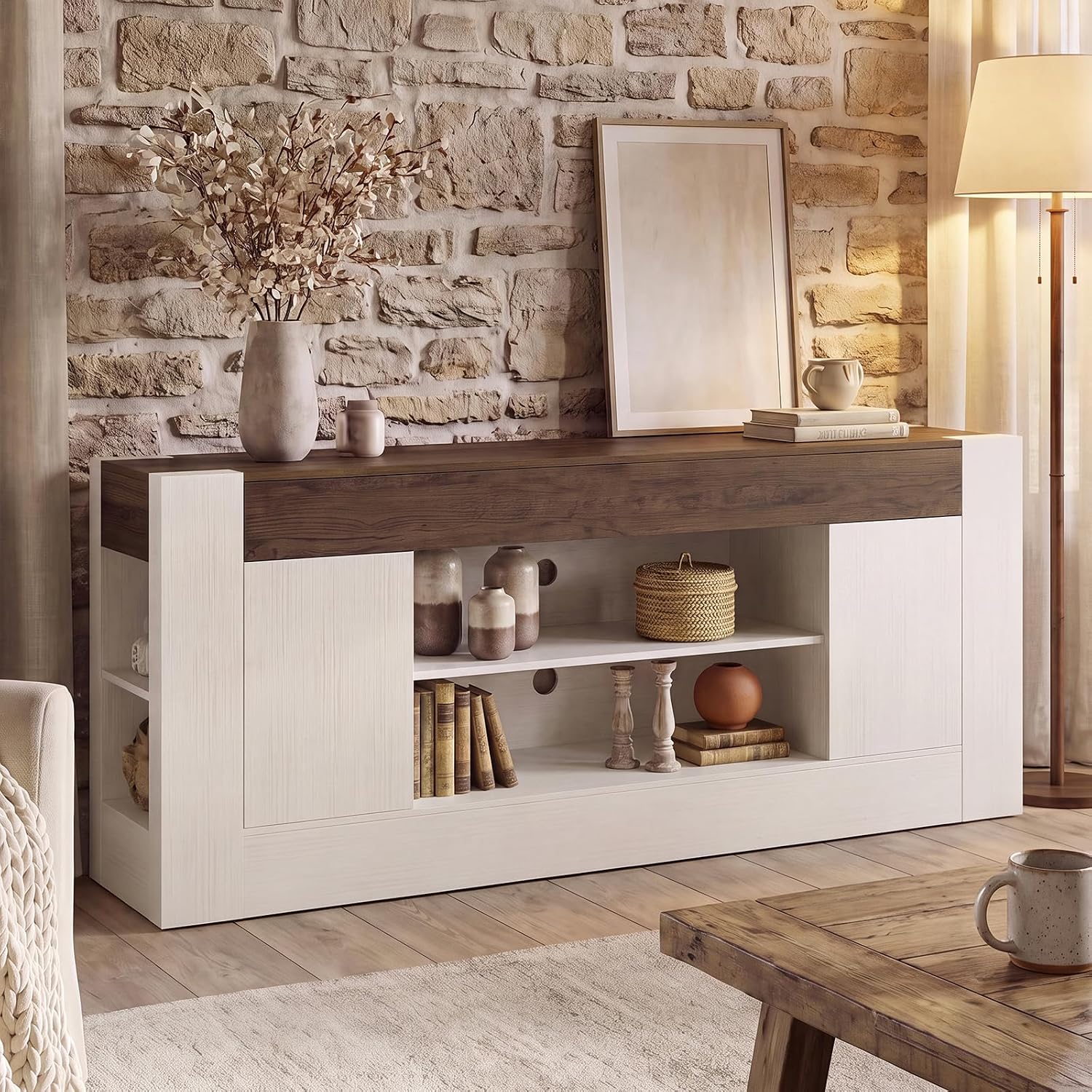 70 inch TV Stand for TVs Up to 80 Inches with Storage, White | Modern Entertainment Center and Media Console with Open Shelves, 2 Side Cabinets and Thick-Frame Design for Living Rooms