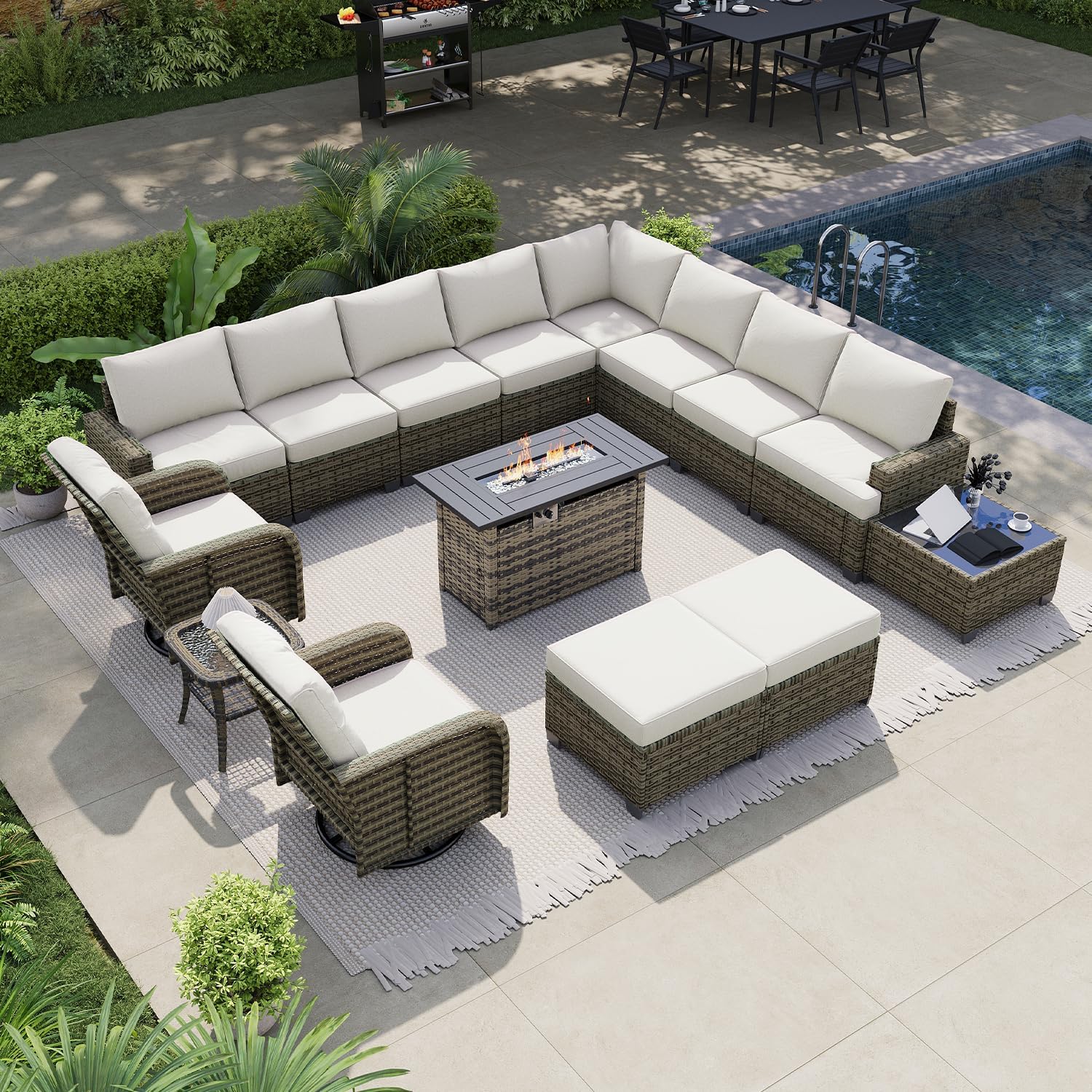 LET'S PATIO Luxury Patio Furniture Set with Fire Pit Table, 13 Piece Outdoor Furniture Set with Swivel Rocker Chairs & Ottomans, All-Weather Patio Sectional Sofas with Thickened Cushions