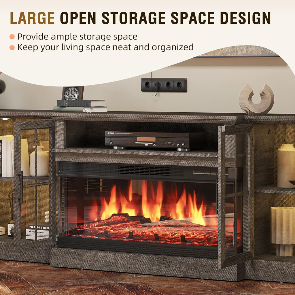 Nordivale 98" Farmhouse Fireplace TV Stand,TV Console with 36" Fireplace for TVs up to 100", Entertainment Center with Adjustable Shelves and Large Storage Cabinets, for Living Room, Gray & Black
