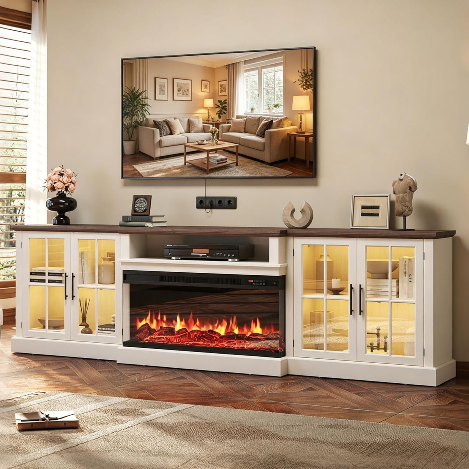 Nordivale 98" Farmhouse Fireplace TV Stand,Tv Console with 36" Fireplace for TVs up to 100", Entertainment Center with Adjustable Shelves and Large Storage Cabinets, for Living Room, White & Black