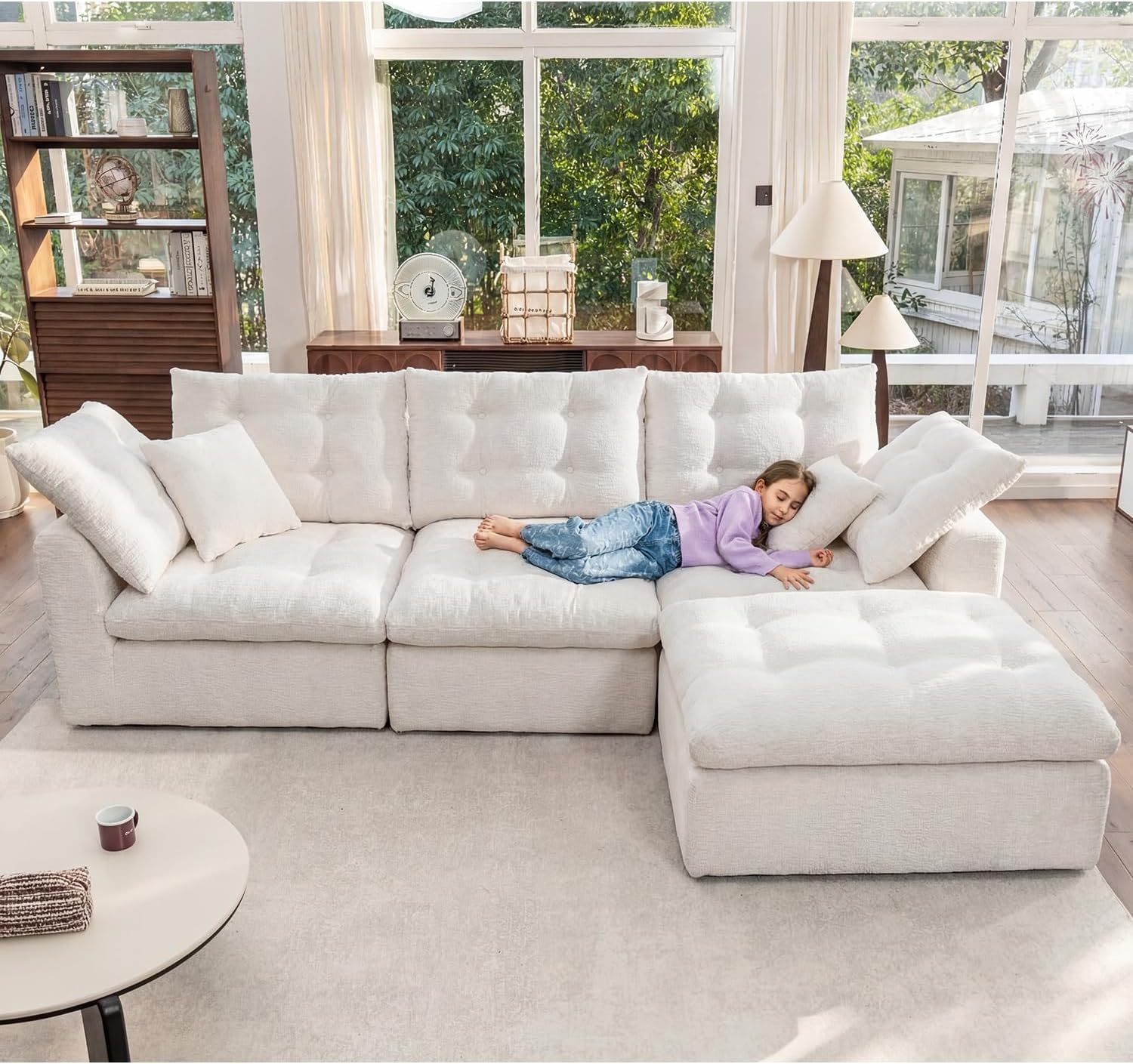 110" Cloud Sectional Couches L-Shaped Modular Boneless Chenille Sofa Couches with Deep Seat Ottoman and Side Pockets, Module Combination for Living Room 3 Seater