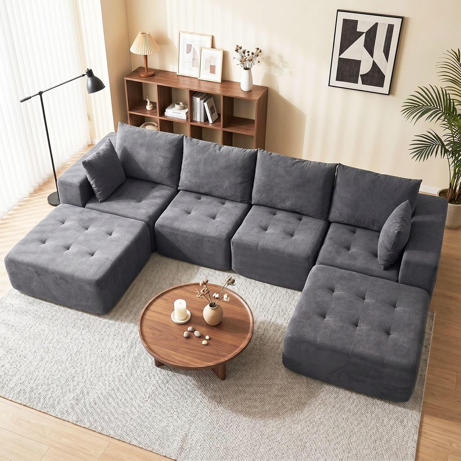 Modular Sectional Boneless Couch, Chenille Tufted Sectional Couches for Living Room, No Assembly L Shape Cloud Sofa with Ottoman & Throw Pillows & Storage Side Pocket