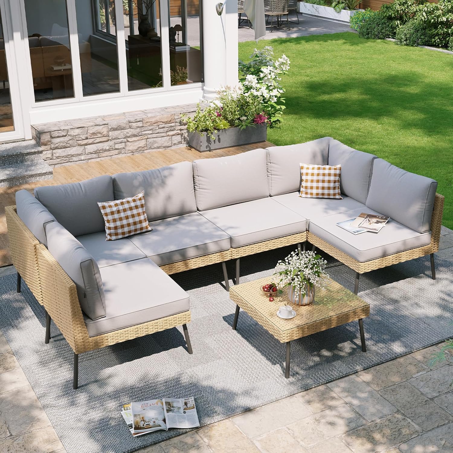 Aoxun 7-Piece Patio Furniture Set, Wicker Outdoor Furniture with Water Resistant Thick Cushions, Patio Conversation Set Outdoor Sectional Sofa with Coffee Table for Backyard Poolside