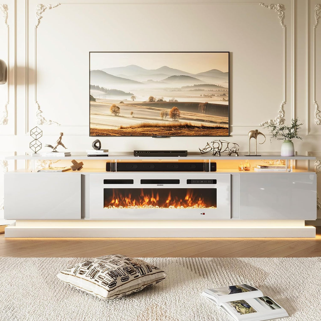 Nordivale 80" Fireplace TV Stand, Modern Entertainment Center for TVs Up to 90", TV Console with Storage Cabinets, Media Console for Living Room, White TV Stand and Black Fireplace