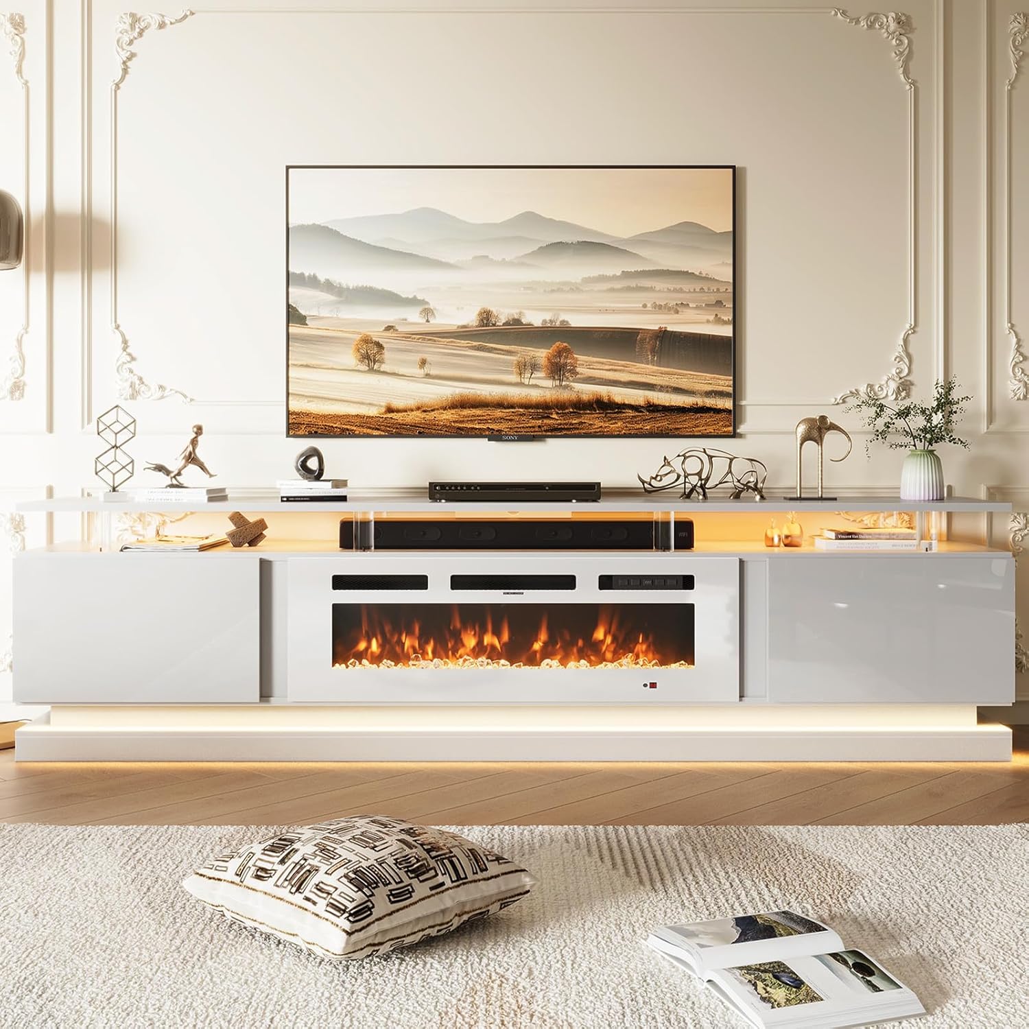 Nordivale 80" Fireplace TV Stand, Modern Entertainment Center for TVs Up to 90", TV Console with Storage Cabinets, Media Console for Living Room, White TV Stand and Black Fireplace