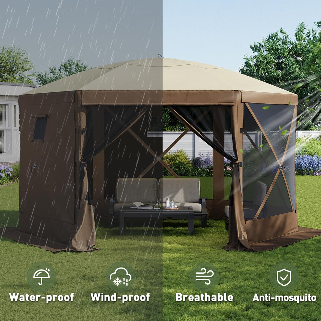 Aoxun 12x12FT Pop Up Canopy Tent, 6-Sided Pop-up Gazebo Screen Tent with Mesh Windows, Outdoor Canopy Shelter Tent with Carrying Bag, Large Shade Tents for Camping, Backyard, Patio, Lawn, Brown