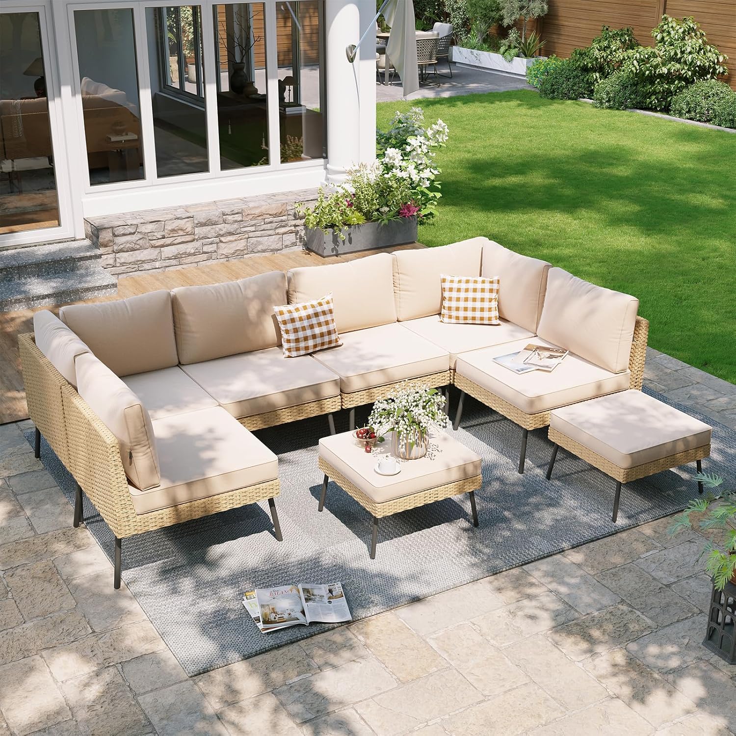Aoxun 7-Piece Patio Furniture Set, Wicker Outdoor Furniture with Water Resistant Thick Cushions, Patio Conversation Set Outdoor Sectional Sofa with Coffee Table for Backyard Poolside