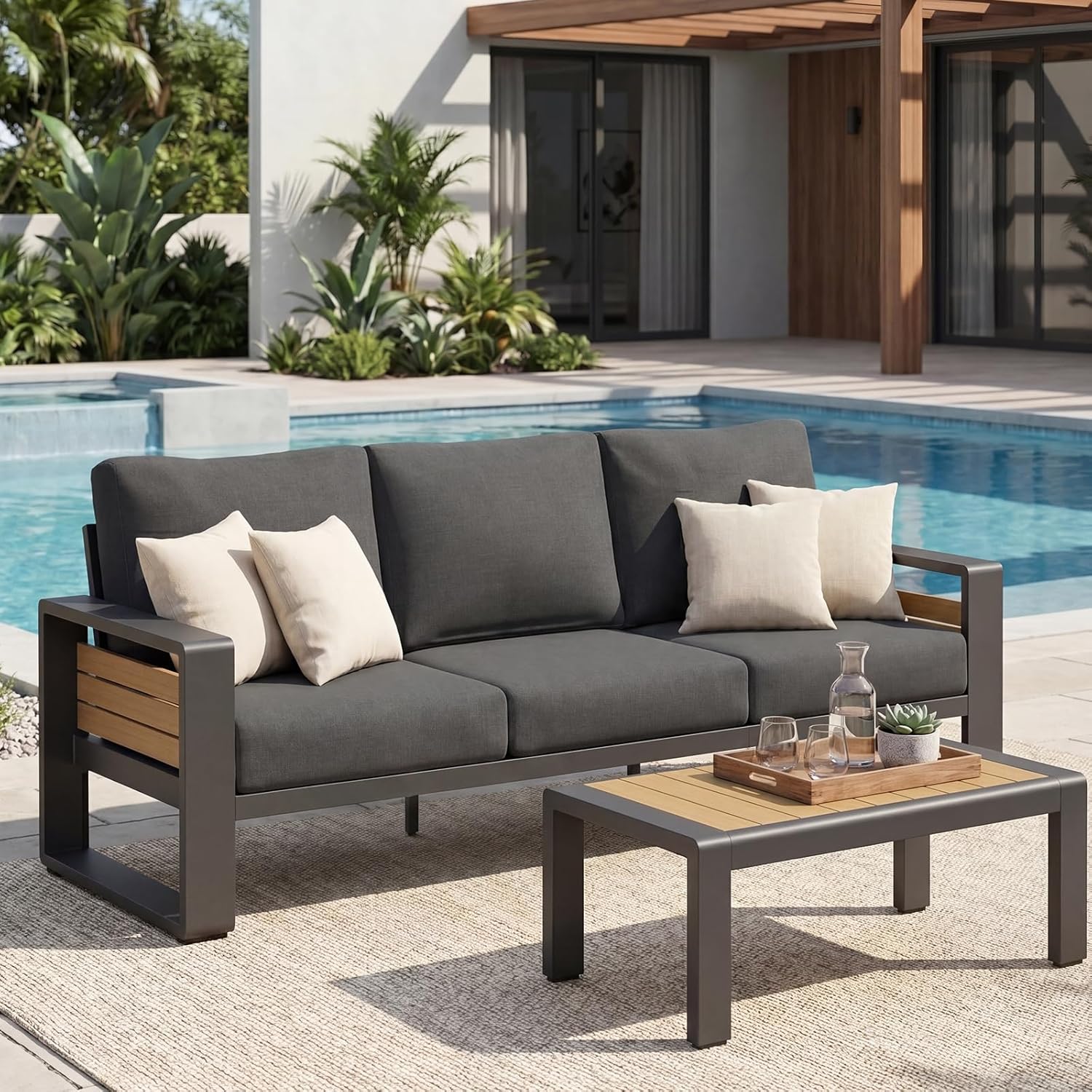 LET'S PATIO Aluminum Patio Furniture Set 7 Seats, Oversized Outdoor Sectional with 5.5" Washable Thick Cushions, Patio Conversation Sets with Coffee Table for Backyard