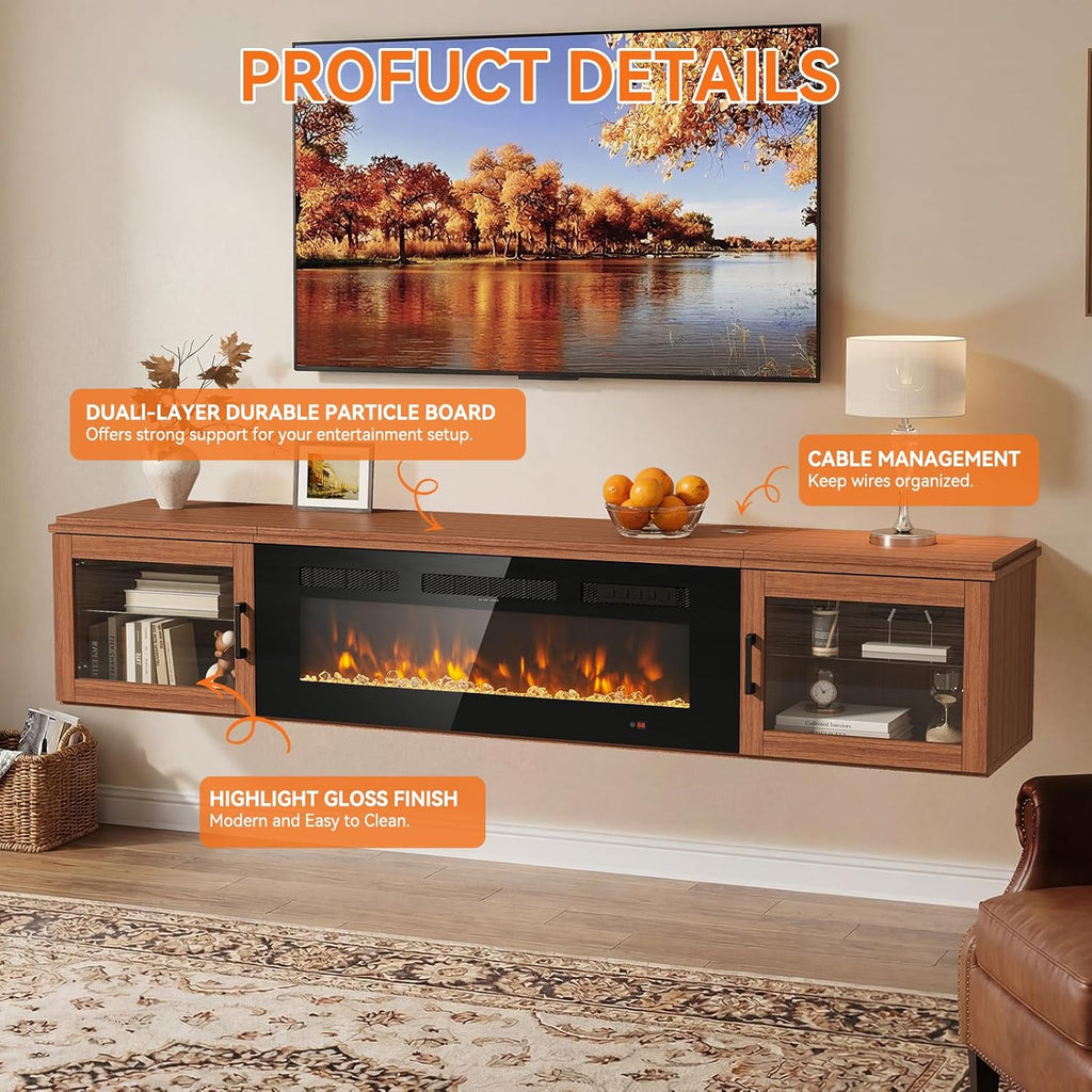 Nordivale 70" Floating TV Stand with 36" Electric Fireplace, Wall Mounted Fireplace Entertainment Center with Storage for TVs Up to 80",WI-FI Enable Fireplace TV Stand for Living Room,Brown&Black