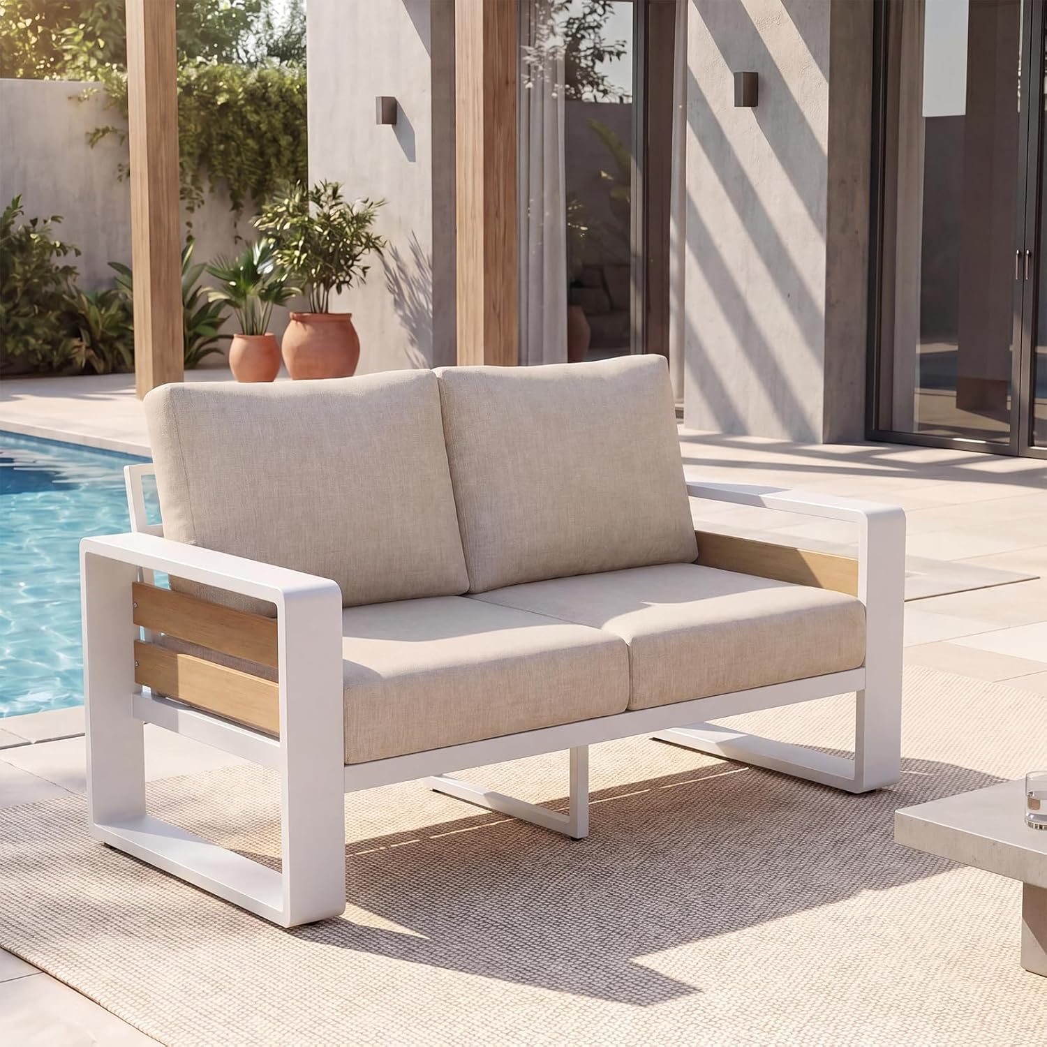 LET'S PATIO Aluminum Patio Furniture Set 7 Seats, Oversized Outdoor Sectional with 5.5" Washable Thick Cushions, Patio Conversation Sets with Coffee Table for Backyard