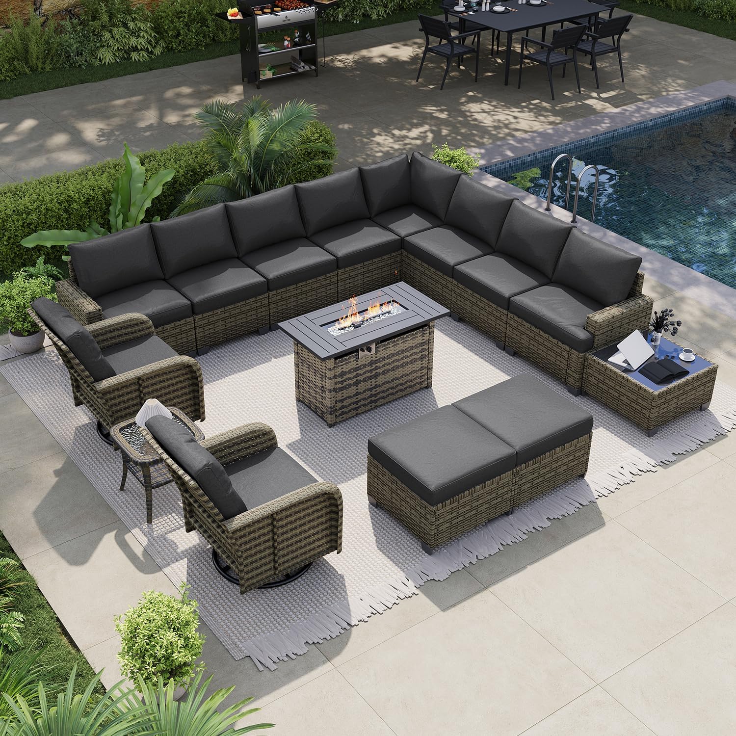 LET'S PATIO Luxury Patio Furniture Set with Fire Pit Table, 13 Piece Outdoor Furniture Set with Swivel Rocker Chairs & Ottomans, All-Weather Patio Sectional Sofas with Thickened Cushions